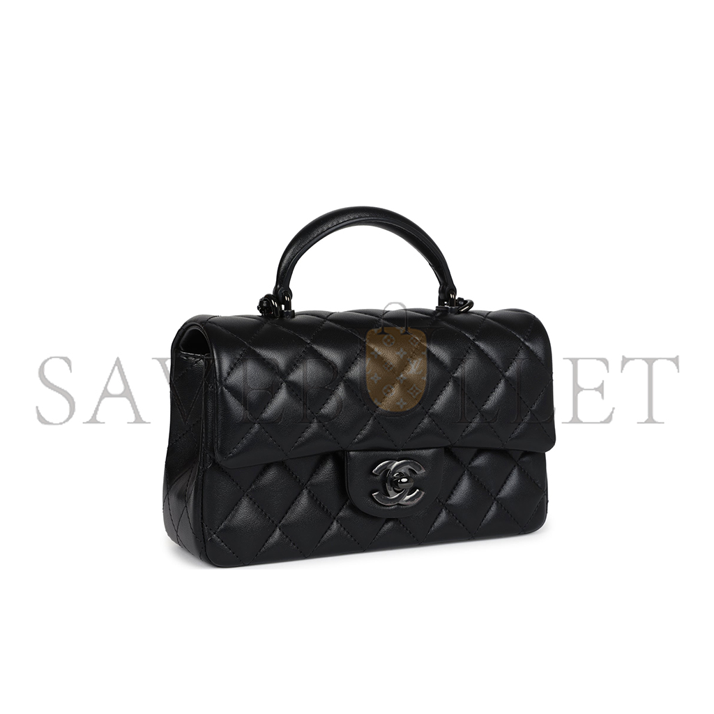 CHANEL MINI RECTANGULAR TOP HANDLE FLAP BAG SO BLACK LAMBSKIN AS2431 (20*13*6cm)